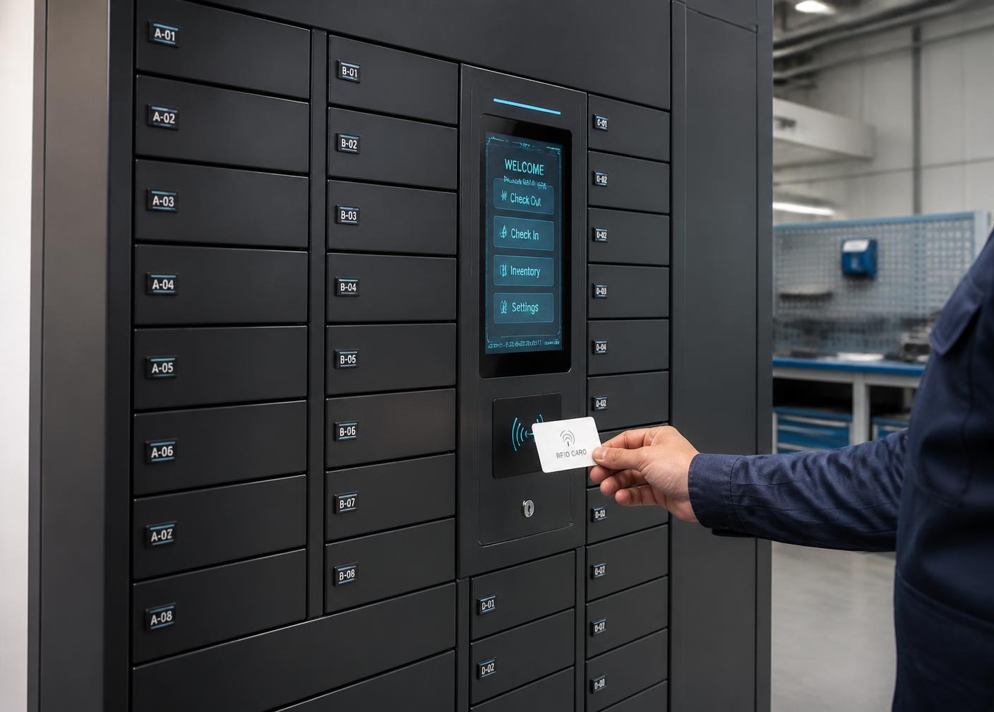 Industrijska pametna omara z RFID bralnikom in zaslonom v orodjarni